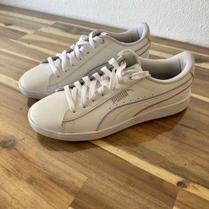 BARBIE Puma White pink/purple low top comfy tennis shoes size 8.5